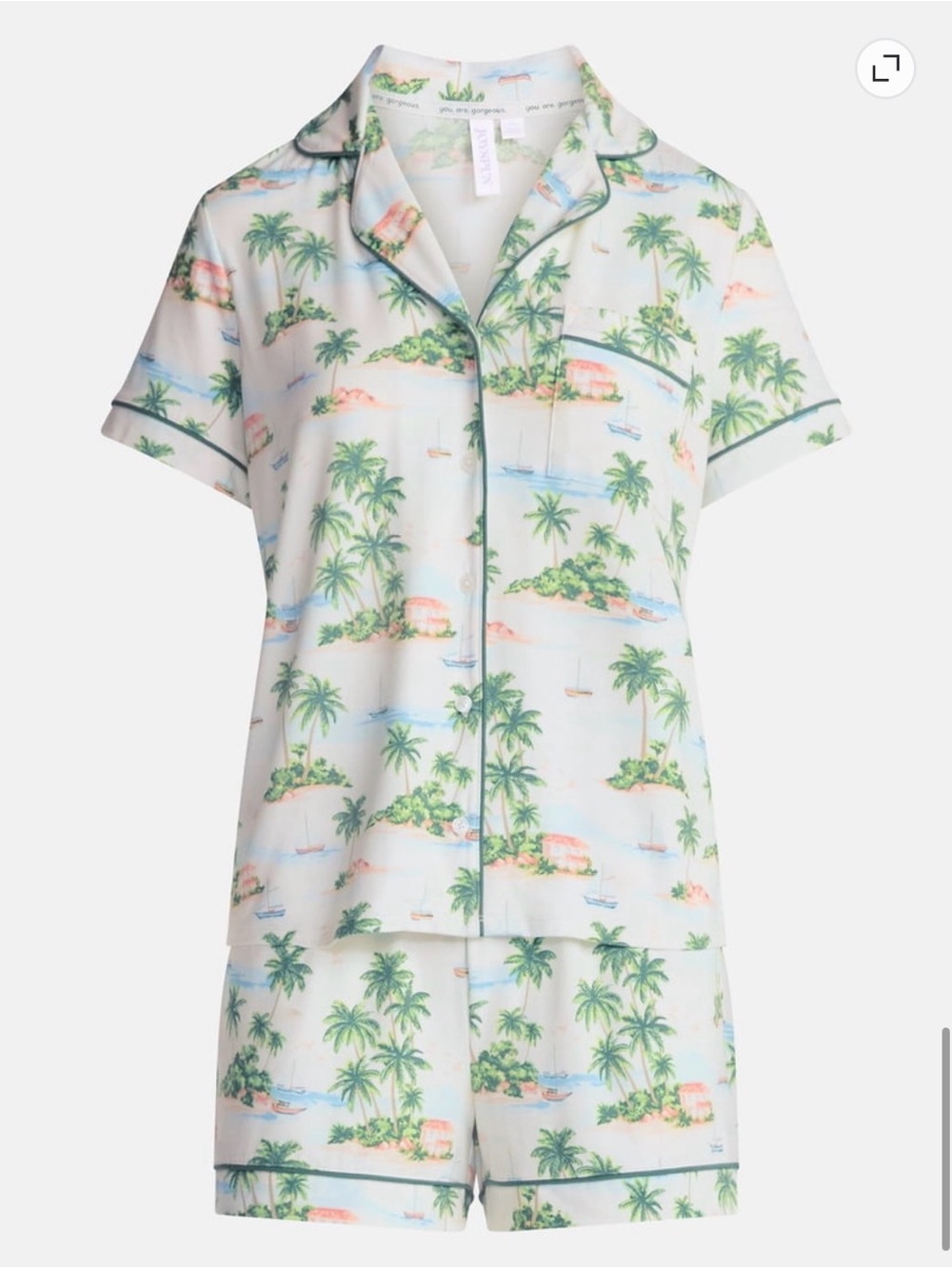 Tropical Palm Beach Print Short Sleeve Pajama Top and Bottoms — White & Green